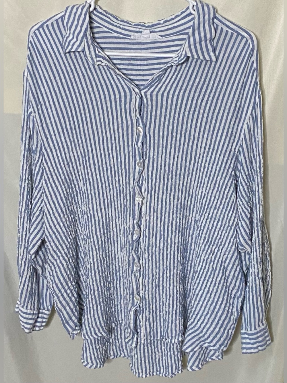 Jane & Delancey Plus Size Blue White Striped Plisse Button Down Crinkle Shirt